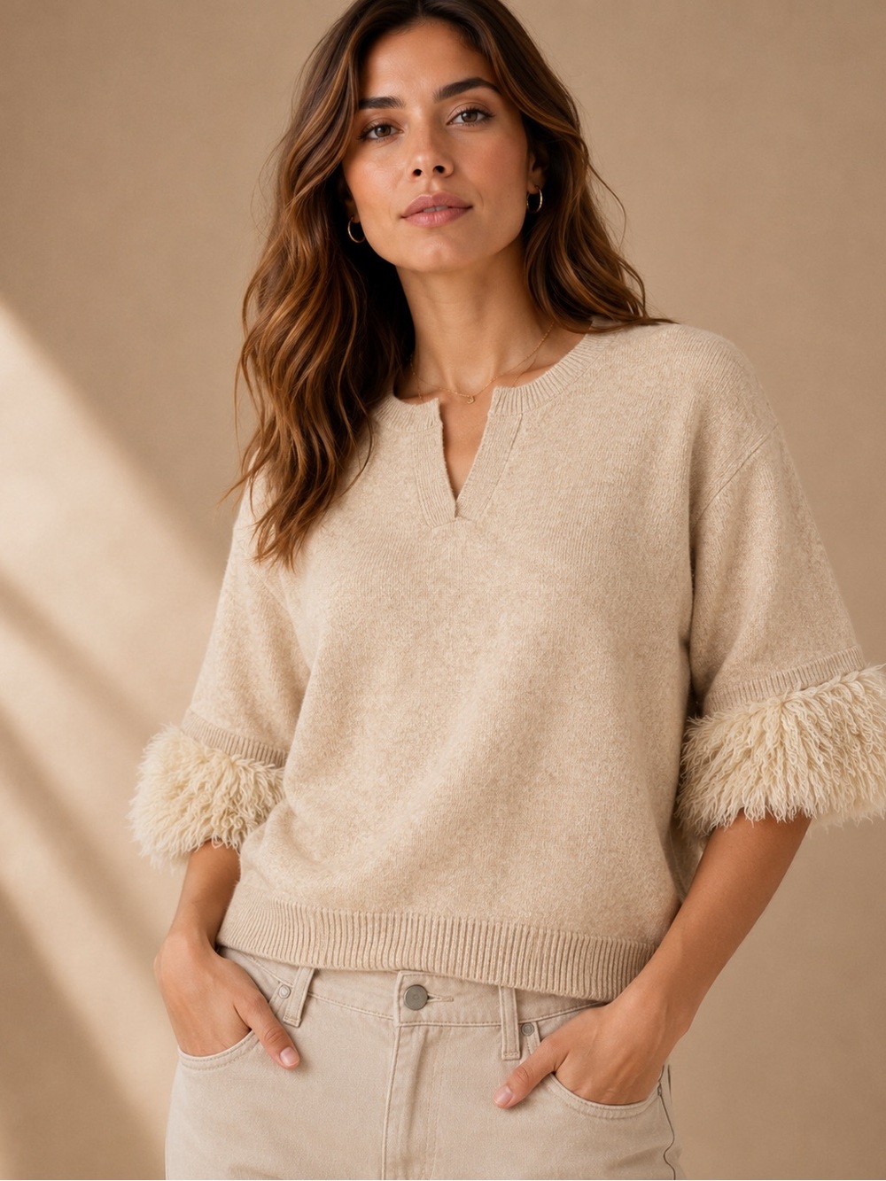 Entro Beige Faux Fur Cuff Sweater NWT Size L